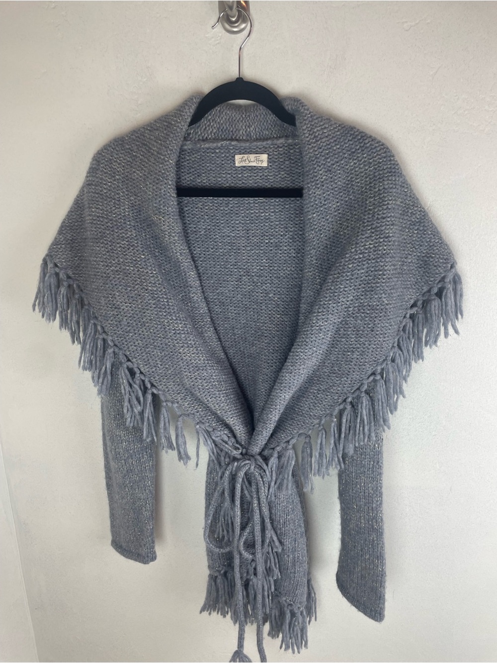 LoveShackFancy Gray Knit Fringe Poncho Shrug